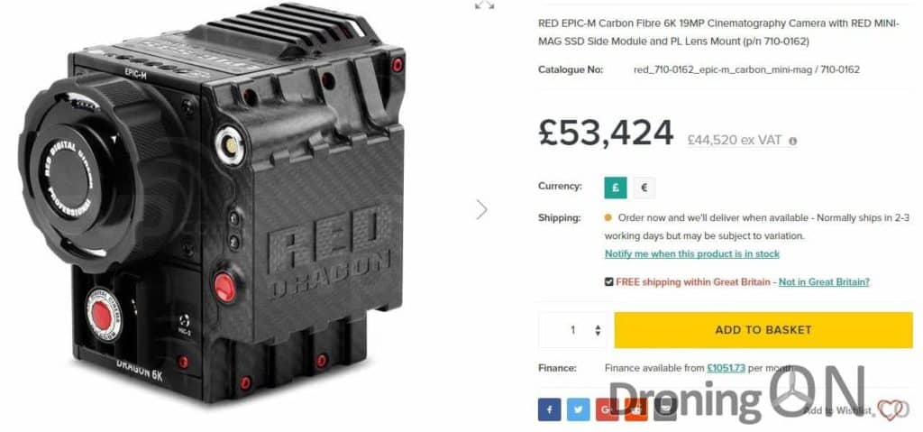 A RED EPIC-M Carbon Fibre 6K 19MP Cinematography Camera with RED MINI-MAG SSD Side Module and PL Lens Mount (p/n 710-0162) - costing up to £60,000/$70,000